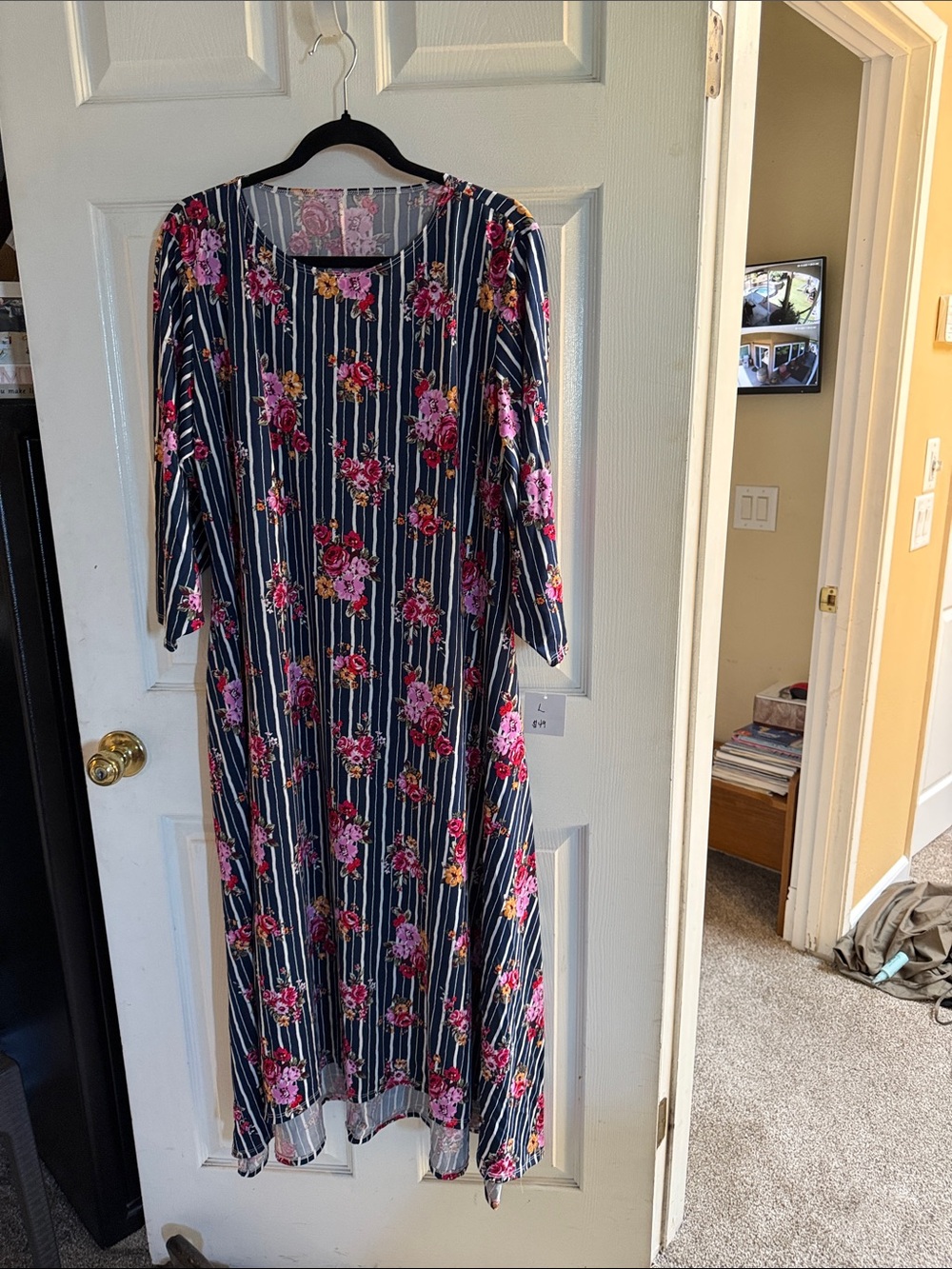 Women’s Navy Floral Stripe Midi Dress with Pink Flowers
